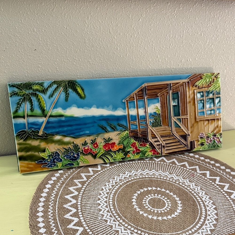 Art by Ping Tropical Beach House Ceramic hand painted glazed & fired tile
